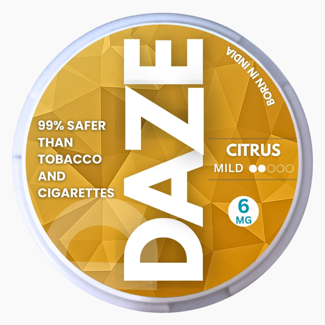 DAZE Nicotine Pouches - Citrus 6MG with bold citrus-themed design now in india