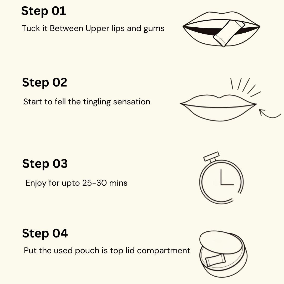 Usage instructions for DAZE Nicotine Pouches showing steps to place, enjoy, and dispose of the pouch discreetly.