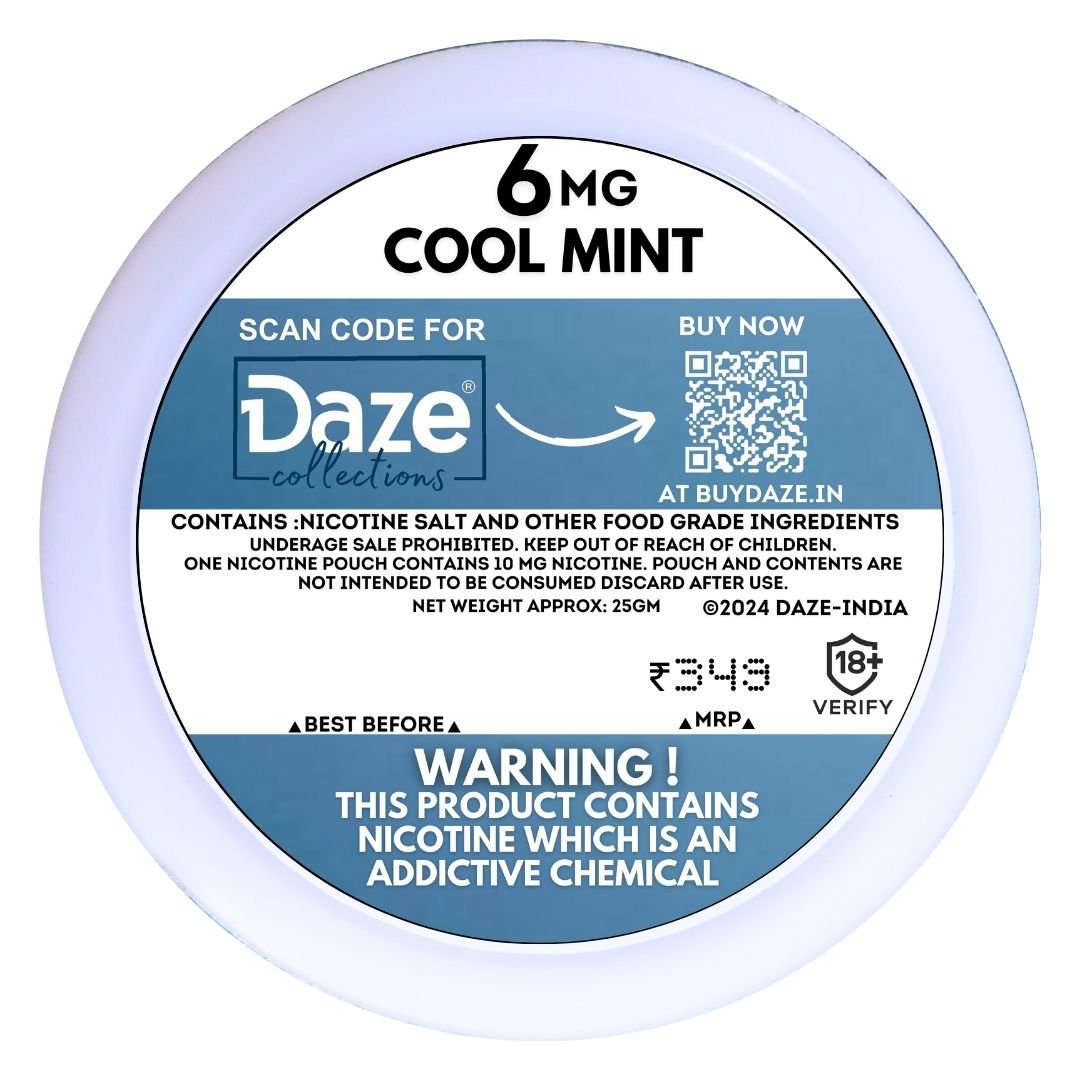 Back label of Daze Cool Mint 6mg nicotine pouches with QR code, ingredients, and warning, highlighting safe tobacco-free use in India.